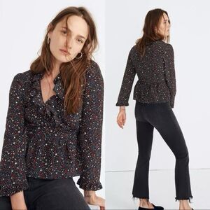 Madewell Red White Blue Star Print Black 100% Long Sleeve Wrap Top XS